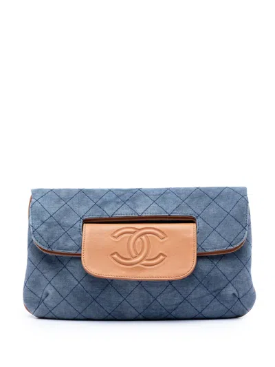 Pre-owned Chanel 2010-2011 Cc Quilted Denim Foldover Clutch Bag In Blue
