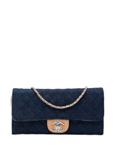 Pre-owned Chanel 2010-2011 Cc Quilted Denim Turn Lock Wallet On Chain Shoulder Bag In Blue