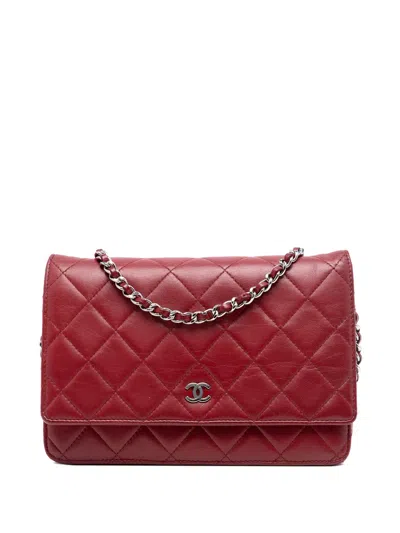 Pre-owned Chanel 2010-2011 Cc Quilted Lambskin Wallet On Chain Crossbody Bag In Red