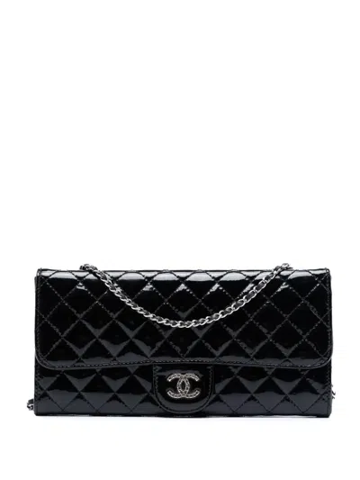 Pre-owned Chanel 2010-2011 Cc Quilted Patent Brilliant East West Wallet On Chain Shoulder Bag In Black