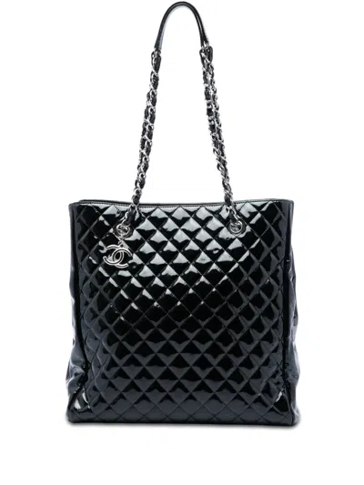 Pre-owned Chanel 2010-2011 Cc Quilted Patent North South Tote Bag In Black
