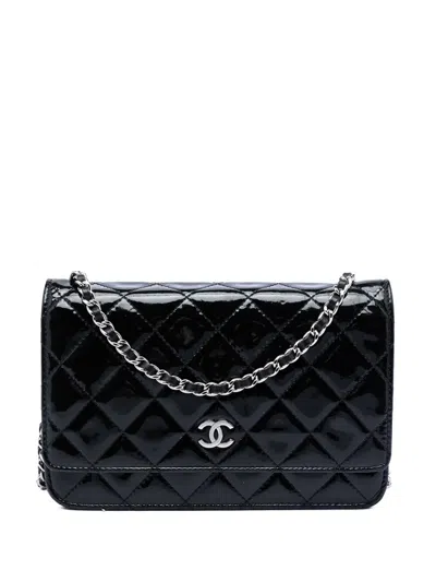 Pre-owned Chanel 2010-2011 Cc Quilted Patent Wallet On Chain Crossbody Bag In Black