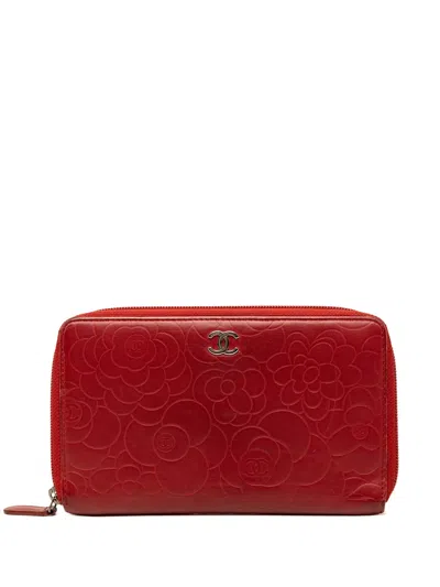 Pre-owned Chanel 2010-2011 Embossed Lambskin Camellia Zip Around Wallet Long Wallets In Red