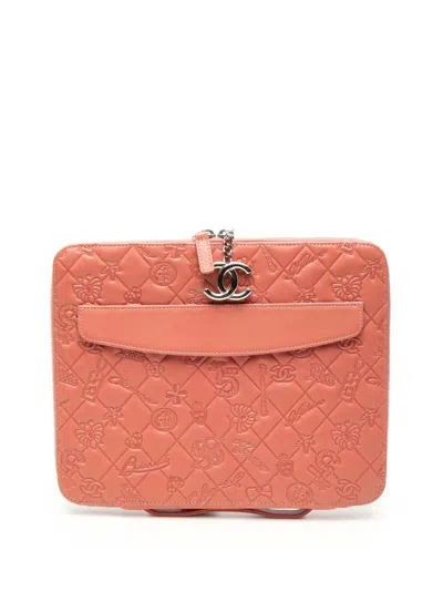 Pre-owned Chanel 2010-2011 Embossed Lambskin Lucky Symbols Ipad Case Clutch Bag In Pink