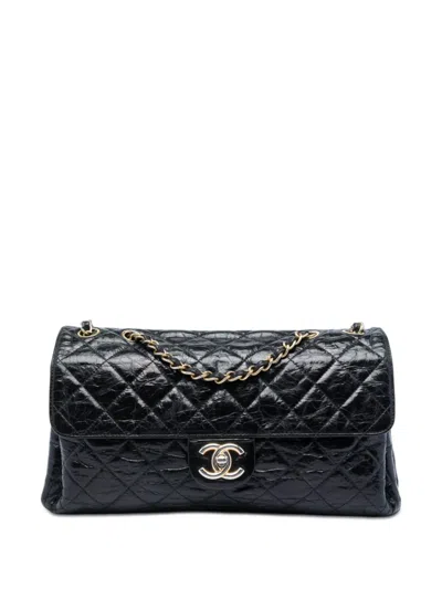 Pre-owned Chanel 2010-2011 Jumbo Cc Quilted Crumpled Calfskin Straight Flap Shoulder Bag In Black