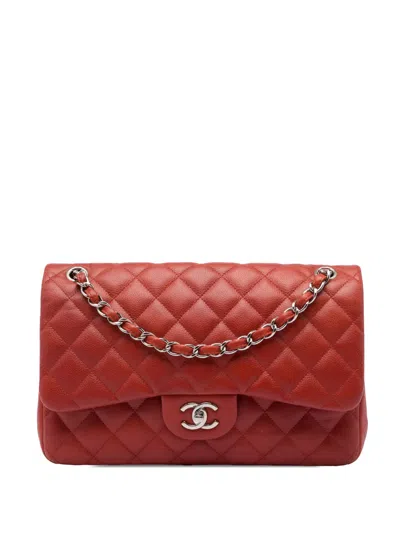 Pre-owned Chanel 2010-2011 Jumbo Classic Caviar Double Flap Shoulder Bag In Red