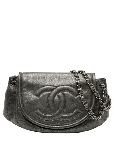 Pre-owned Chanel 2010-2011 Large Metallic Caviar Half Moon Flap Shoulder Bag In Gray
