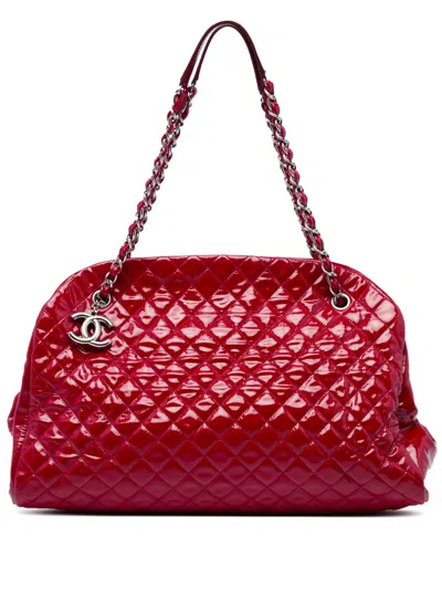 Pre-owned Chanel 2010-2011 Maxi Quilted Patent Just Mademoiselle Bowling Bag Tote Bag In Red