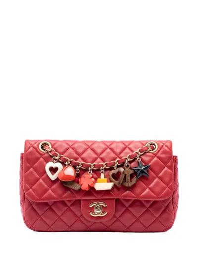 Pre-owned Chanel 2010-2011 Medium Classic Lambskin Marine Charms Single Flap Shoulder Bag In Red