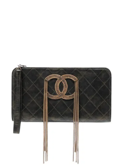 Pre-owned Chanel 2010-2011 Metallic Lambskin Cc Chain Fringe Clutch Bag In Black