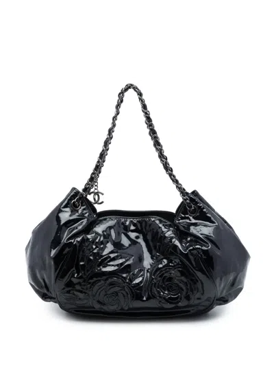 Pre-owned Chanel 2010-2011 Patent Accordion Camellia Tote Bag In Black