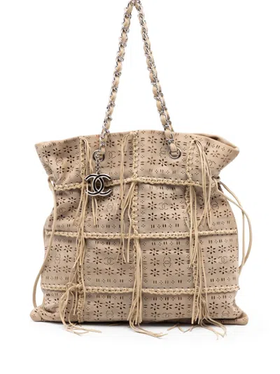Pre-owned Chanel 2010-2011 Perforated Suede Fringe Tote Bag In Neutral