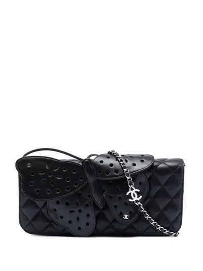 Pre-owned Chanel 2010-2011 Quilted Lambskin Butterfly Clutch With Chain Crossbody Bag In Black
