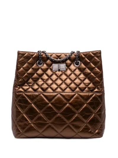 Pre-owned Chanel 2010-2011 Quilted Metallic Aged Calfskin Reissue 2.55 Tote Bag In Brown