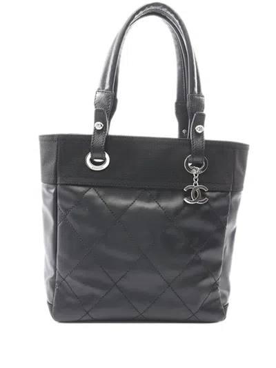 Pre-owned Chanel 2010-2011 Small Quilted Coated Canvas Paris Biarritz Tote Bag In Black