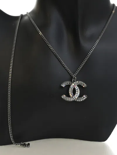 Pre-owned Chanel 2010-2026 Cc Brass Strass Pendant Necklace Costume Necklace In Silver