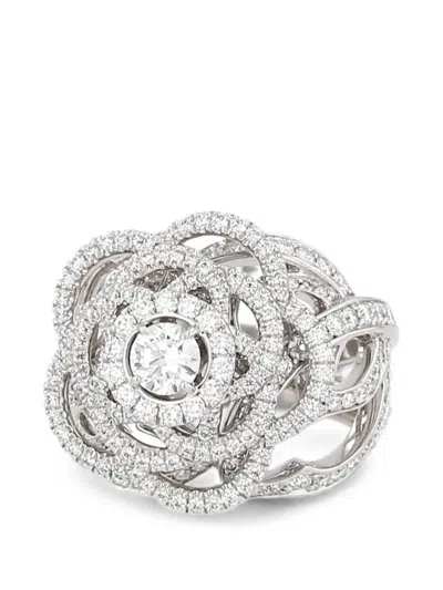 Pre-owned Chanel 2010s Camélia Brodé Diamond Ring In Silver