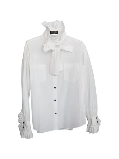 Pre-owned Chanel 2010s Ruffled Pussy-bow Shirt In White