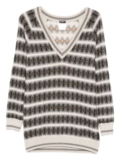 Pre-owned Chanel 2010s Striped-pattern V-neck Mini Dress In Gray