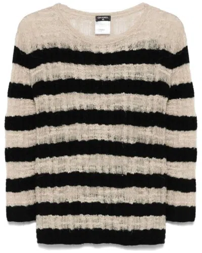 Pre-owned Chanel 2010sstriped Cashmere Blend Open-knit Sweater, Size Fr; 40 (authentic  Pre-loved)
