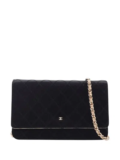 Pre-owned Chanel 2011 Bicolor Satin Diamond Stitch Wallet On Chain Crossbody Bag In Black