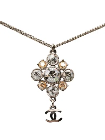 Pre-owned Chanel 2011 Brass Cc Strass Pendant Necklace Costume Necklace In Silver