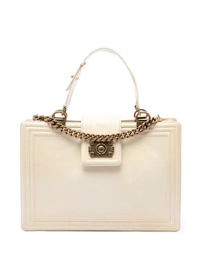 Pre-owned Chanel 2011 Calfskin Boy Reverso Shopping Tote Satchel In 白色