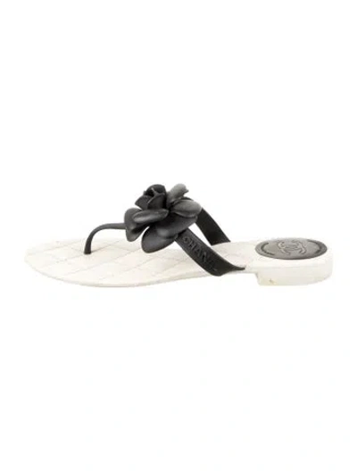 Pre-owned Chanel 2011 Camellia Accent Flip Flops In Black/white