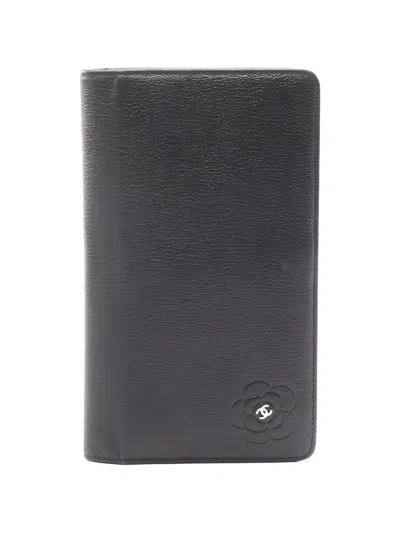 Pre-owned Chanel 2011 Camellia Leather Wallet In Black