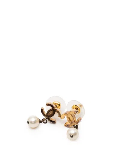 Pre-owned Chanel 2011 Cc Gold Plated Faux Pearl Drop Push Back Earrings Costume Earrings In White