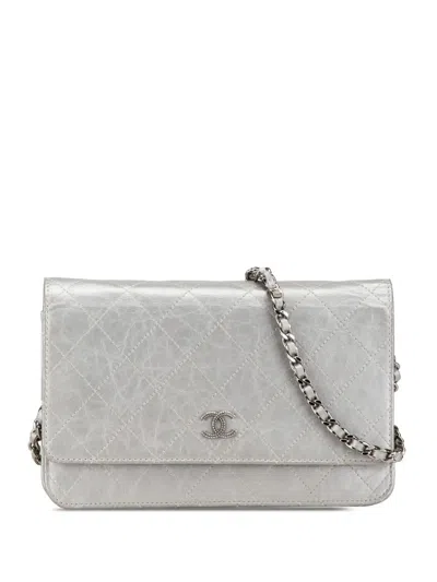 Pre-owned Chanel 2011 Cc Quilted Aged Calfskin Wallet On Chain Crossbody Bag In Silver