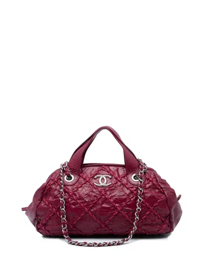 Pre-owned Chanel 2011 Cc Quilted Crinkled Calfskin Ultra Stitch Bowling Bag Satchel In Red