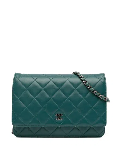 Pre-owned Chanel 2011 Cc Quilted Lambskin Wallet On Chain Crossbody Bag In Blue