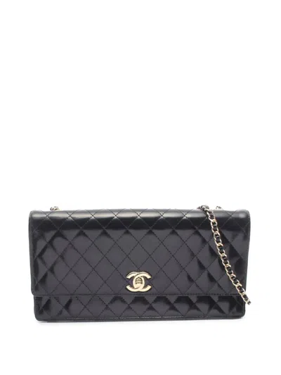 Pre-owned Chanel 2011 Cc Quilted Patent East West Flap Clutch With Chain Shoulder Bag In Black