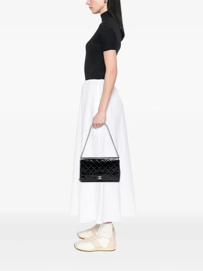 Pre-owned Chanel 2011 Cc Quilted Patent Flap Clutch With Chain Shoulder Bag In Black