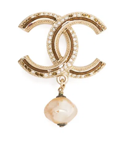 Pre-owned Chanel 2011 Cc Rhinestone-embellished Brooch In Gold