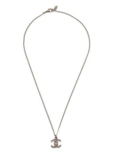 Pre-owned Chanel 2011 Cc Rhinestone-embellished Charm Necklace In Silver