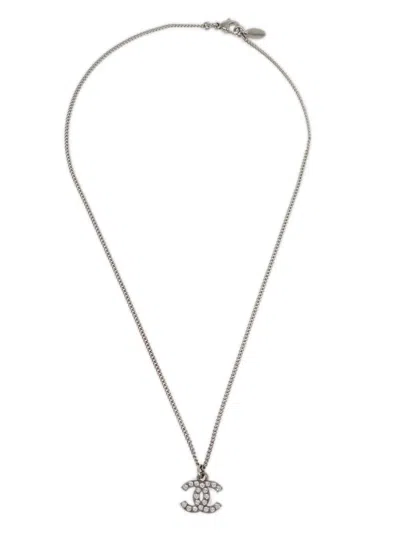 Pre-owned Chanel 2011 Cc Rhinestone-embellished Pendant Necklace In Silver