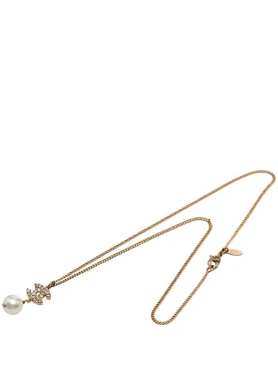 Pre-owned Chanel 2011 Gold Plated Strass Cc Faux Pearl Drop Pendant Necklace Costume Necklace