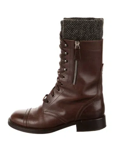 Pre-owned Chanel 2011 Interlocking Cc Logo Lace-up Boots In Brown