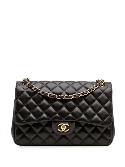 Pre-owned Chanel 2011 Jumbo Classic Lambskin Double Flap Shoulder Bag In Black