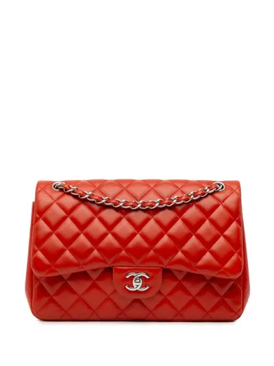 Pre-owned Chanel 2011 Jumbo Classic Lambskin Double Flap Shoulder Bag In Orange