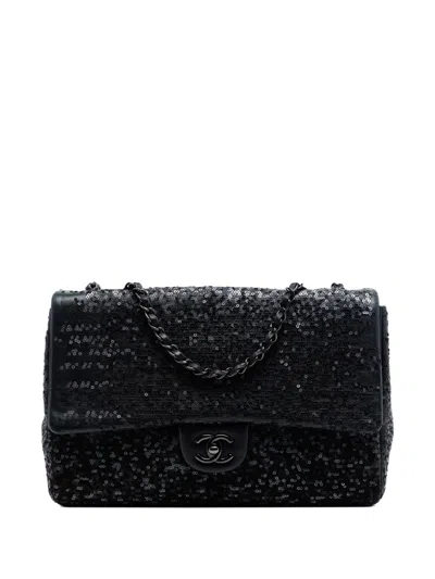 Pre-owned Chanel 2011 Jumbo Classic Sequins Single Flap Shoulder Bag In Black