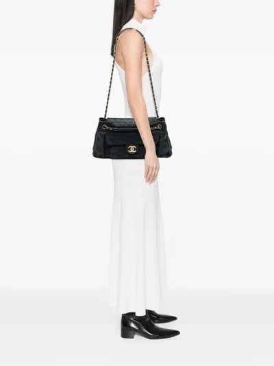 Pre-owned Chanel 2011 Large Quilted Iridescent Calfskin Chic Quilt Accordion Flap Shoulder Bag In Black