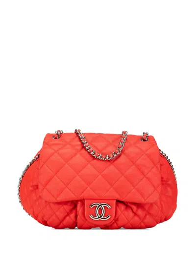 Pre-owned Chanel 2011 Large Quilted Lambskin Chain Around Flap Crossbody Bag In Red