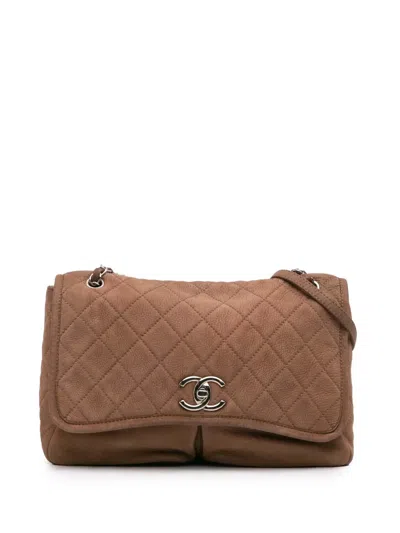 Pre-owned Chanel 2011 Large Quilted Nubuck Natural Beauty Split Pocket Flap Shoulder Bag