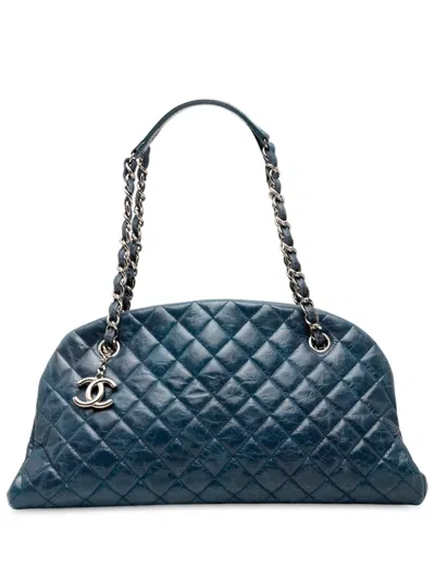 Pre-owned Chanel 2011 Medium Aged Calfskin Just Mademoiselle Bowling Bag Shoulder Bag In Blue
