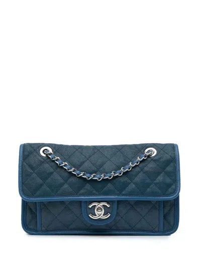 Pre-owned Chanel 2011 Medium Caviar French Riviera Flap Shoulder Bag In Blue