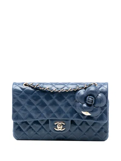 Pre-owned Chanel 2011 Medium Classic Glazed Calfskin Camellia Double Flap Shoulder Bag In Blue