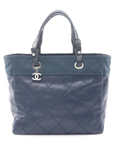 Pre-owned Chanel 2011 Medium Quilted Coated Canvas Paris Biarritz Tote Bag In Blue